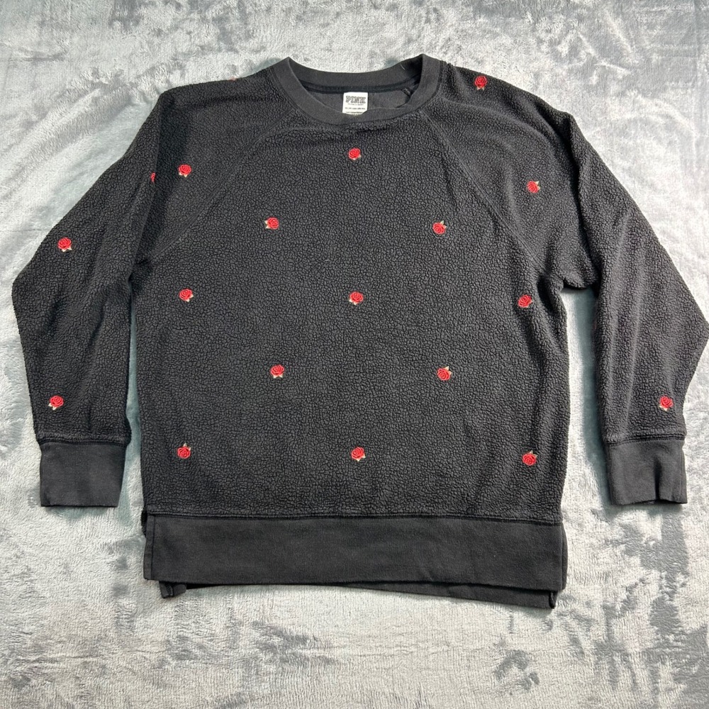PINK Victoria's Secret Rose Embroidered Fleece Sweatshirt Womens XS‎ Black